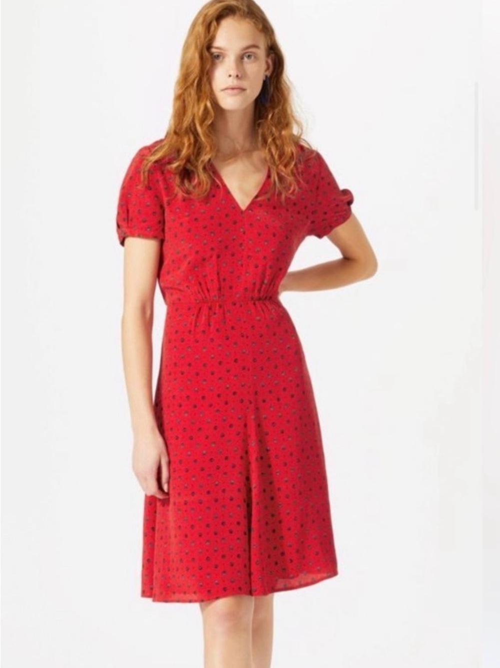 Jigsaw Red Abstract Dot Dress V-Neck Short Sleeve Size 6 EU 38